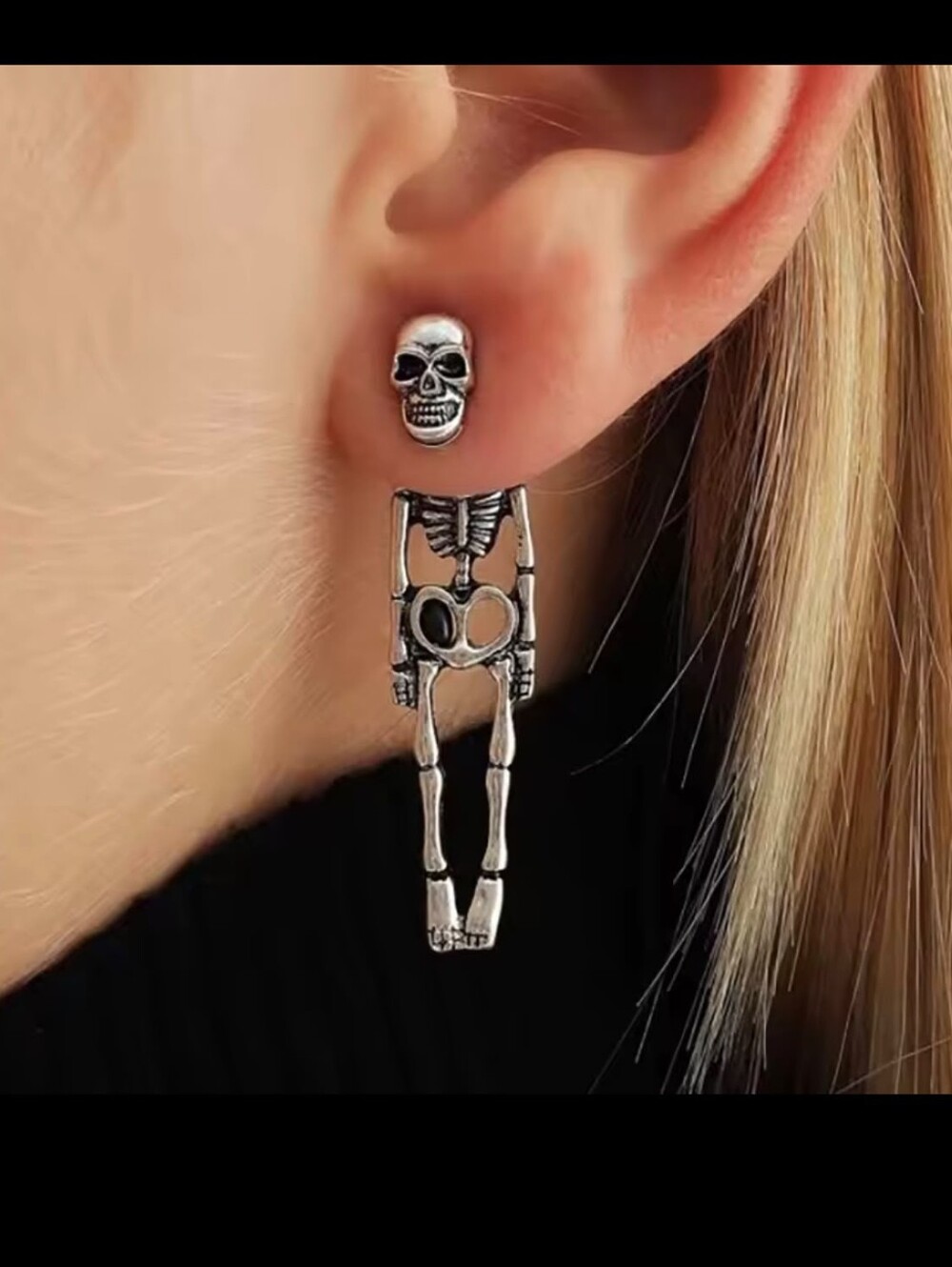 Silver Skeleton Dangle Earrings for Women - Gothic Statement Jewelry - Picture 2 of 4